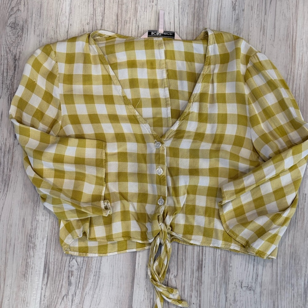 BCBG Generation yellow and white gingham cropped tie front top